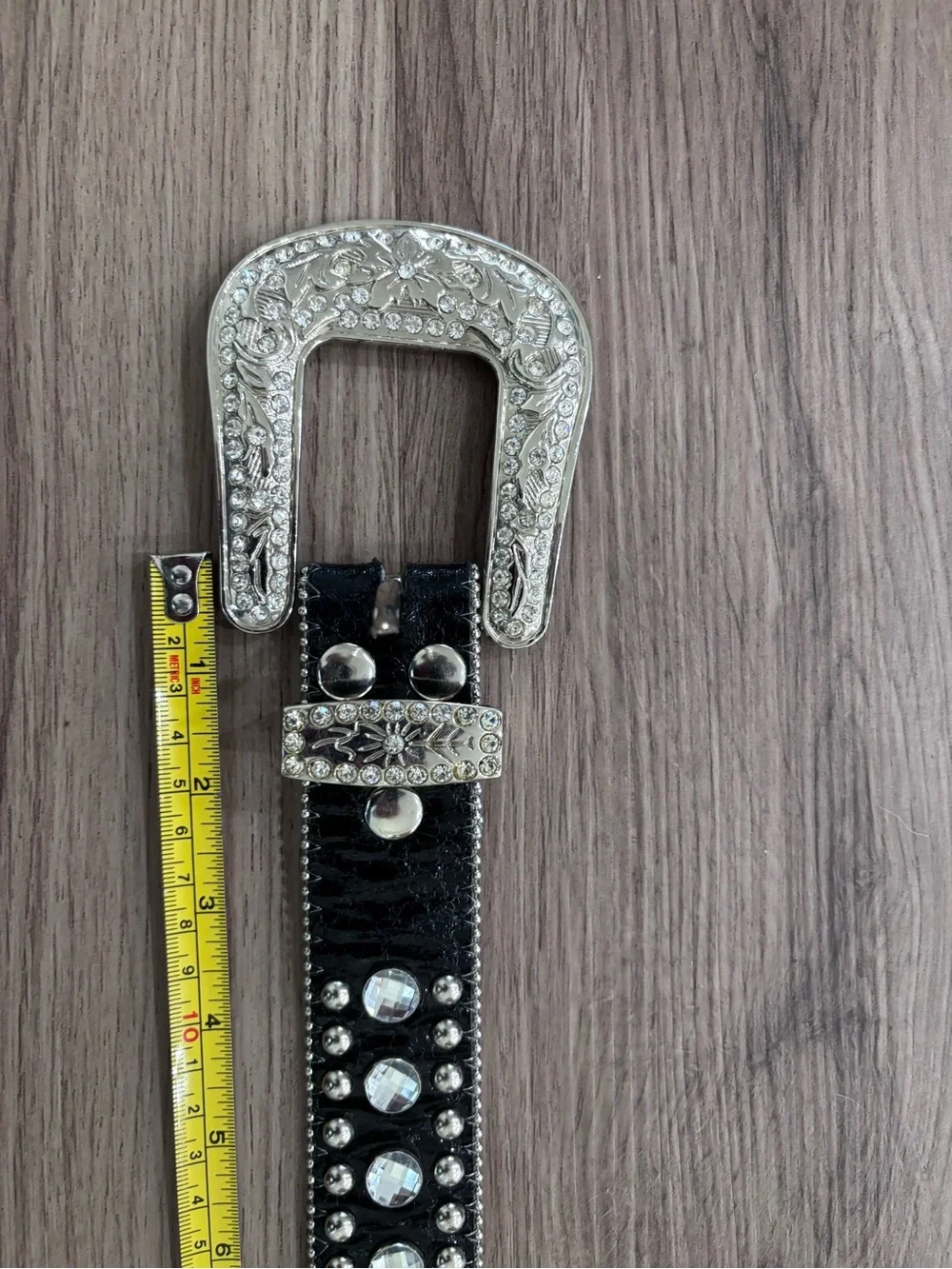 Black Studded Western Belt with Crystal-Embellished Buckle